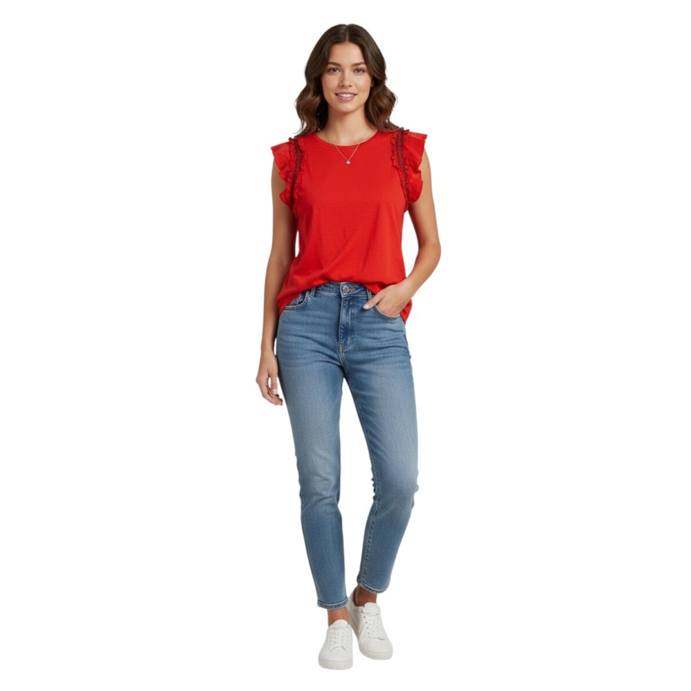 Nautica Jeans Women's XL Red Flutter Sleeve Ruffle Trim Cotton Knit Top